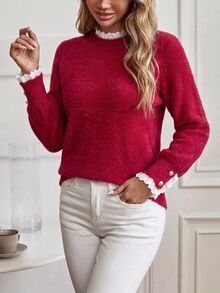 Selianne Sweater Wanita Lengan Panjang Motif Garis Merah Putih dengan Patchwork Renda, Kasual Romantis Elegan Serbaguna untuk Harian dan Kencan Musim Gugur - Merah - View 6
