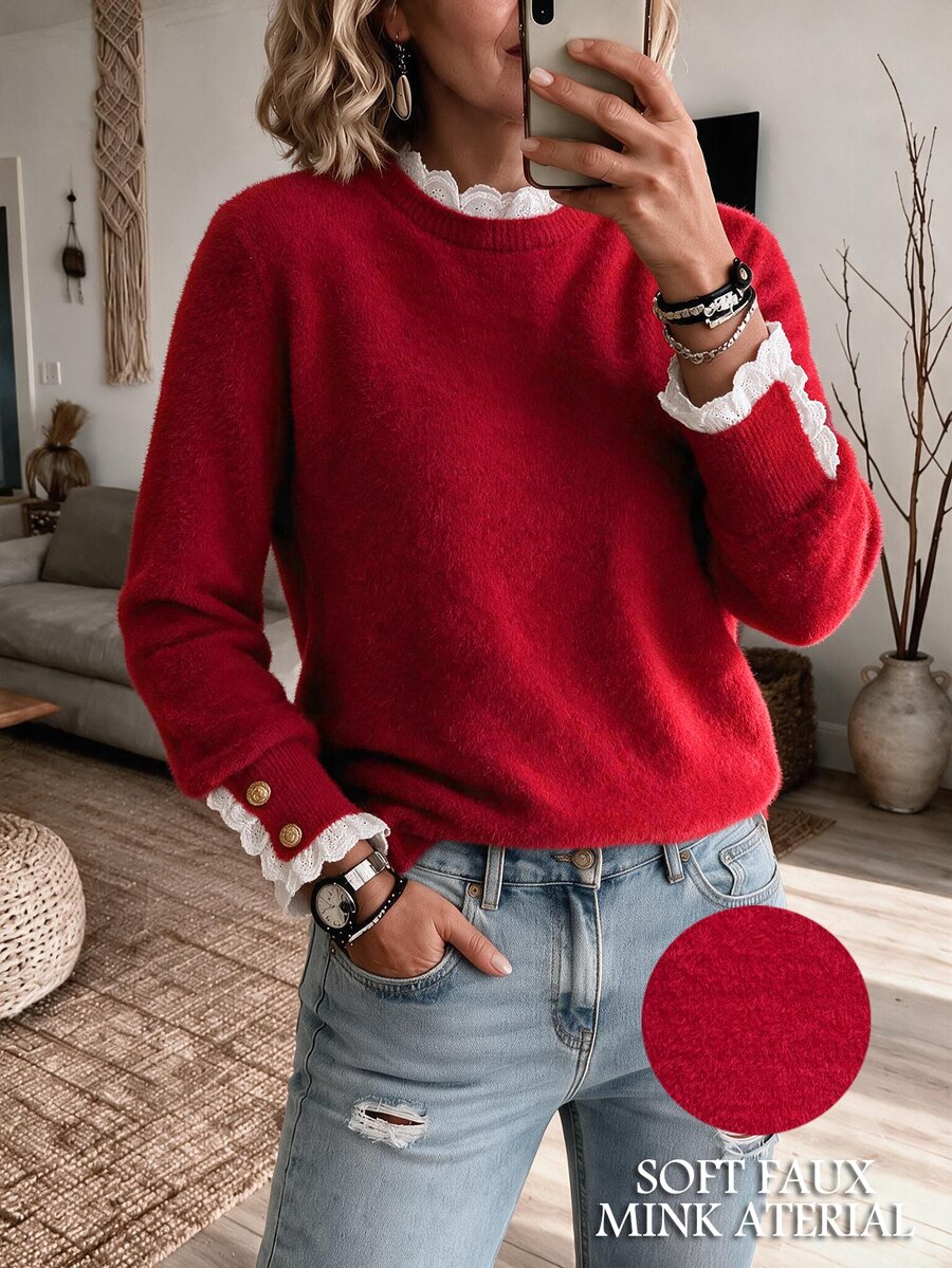 Selianne Sweater Wanita Lengan Panjang Motif Garis Merah Putih dengan Patchwork Renda, Kasual Romantis Elegan Serbaguna untuk Harian dan Kencan Musim Gugur - Merah - View 1