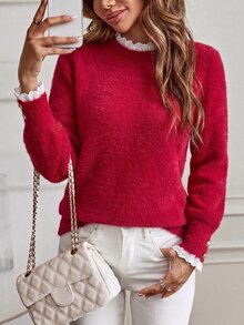 Selianne Sweater Wanita Lengan Panjang Motif Garis Merah Putih dengan Patchwork Renda, Kasual Romantis Elegan Serbaguna untuk Harian dan Kencan Musim Gugur - Merah - View 4