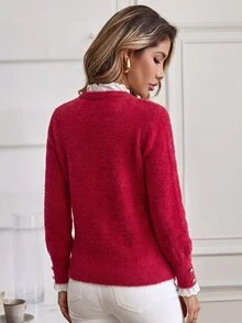 Selianne Sweater Wanita Lengan Panjang Motif Garis Merah Putih dengan Patchwork Renda, Kasual Romantis Elegan Serbaguna untuk Harian dan Kencan Musim Gugur - Merah - View 2