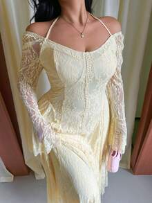 GalTyme Plus Size Elegant Party Solid Color Lace Flare Sleeve Dress Fall - Light Yellow - View 5