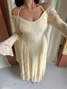 GalTyme Plus Size Elegant Party Solid Color Lace Flare Sleeve Dress Fall - Light Yellow - View 4