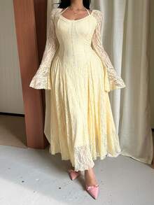 GalTyme Plus Size Elegant Party Solid Color Lace Flare Sleeve Dress Fall - Light Yellow - View 3