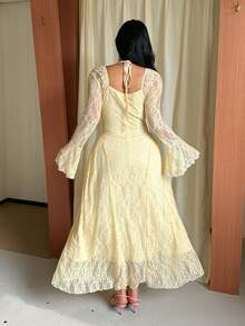 GalTyme Plus Size Elegant Party Solid Color Lace Flare Sleeve Dress Fall - Light Yellow - View 2