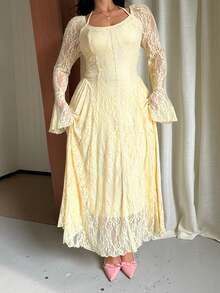 GalTyme Plus Size Elegant Party Solid Color Lace Flare Sleeve Dress Fall - Light Yellow - View 6