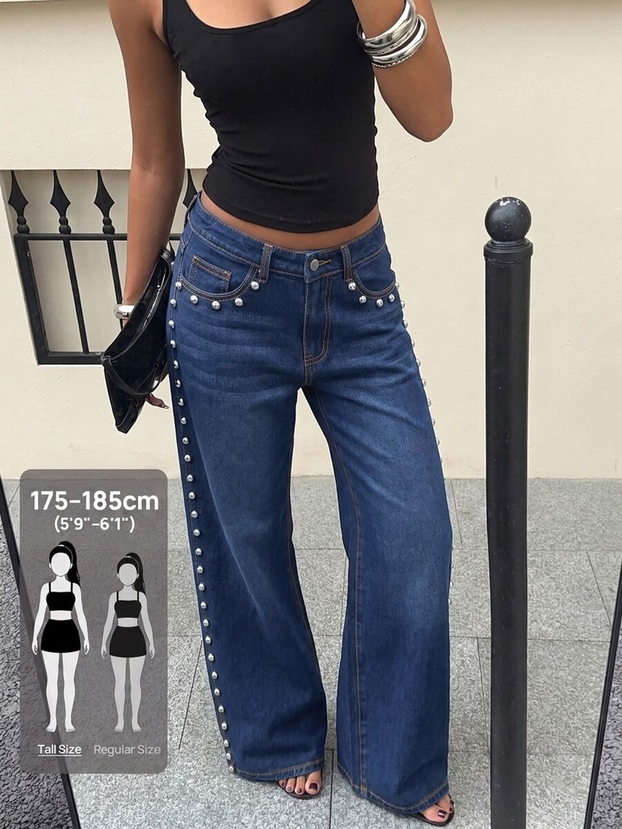 SHEIN Tall 女款鈕扣裝飾直筒牛仔褲 - 深色水洗藍 - 查看 1