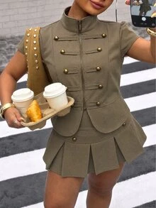 Muchica Casual Plus Size Button & Zipper Short Sleeve Top And Pleated Mini Skirt Set - Black and White - View 5