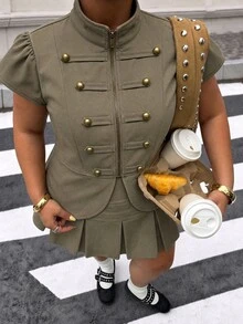 Muchica Casual Plus Size Button & Zipper Short Sleeve Top And Pleated Mini Skirt Set - Black and White - View 7
