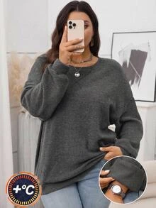 Rosumi 大尺碼極簡寬鬆休閒正式優雅圓領長袖日常百搭衛衣，適合俱樂部、度假、約會之夜、居家穿著，灰色 - 深灰色 - 查看 3