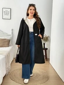 Easowa Curve Plus Size Fashion Solid Army Green Hooded Pocket Design Mid-Length Jacket Winter - Black - View 5