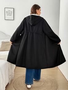 Easowa Curve Plus Size Fashion Solid Army Green Hooded Pocket Design Mid-Length Jacket Winter - Black - View 3