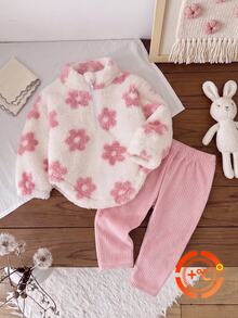 SHEIN Playful Pals 2pcs Toddler Girl Sweatshirt + Pants Cute Pink White Fuzzy Floral Ribbed Long Sleeve High Neck Thick Birthday Party Fall Christmas Holiday Half Zip - Multicolor - View 9