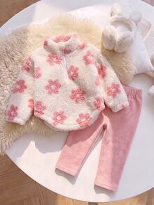SHEIN Playful Pals 2pcs Toddler Girl Sweatshirt + Pants Cute Pink White Fuzzy Floral Ribbed Long Sleeve High Neck Thick Birthday Party Fall Christmas Holiday Half Zip - Multicolor - View 2