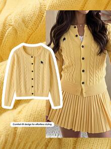 Comfortcana Fall Preppy Casual Classic Rebel Cardigan For Daily Campus Cable Knit Button Front Pale Yellow School - Pale Yellow - View 10