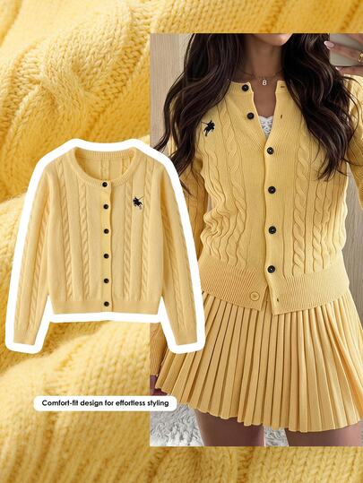 Comfortcana Fall Preppy Rebel Cardigan For Daily Campus Cable Knit Button Front Butter Yellow