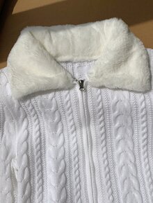 Comfortcana Women's Patchwork Fur Collar Long Sleeve Cable Knit Cardigan - Apricot - View 5