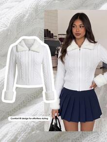 Comfortcana Women's Patchwork Fur Collar Long Sleeve Cable Knit Cardigan - Apricot - View 10