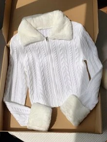 Comfortcana Women's Patchwork Fur Collar Long Sleeve Cable Knit Cardigan - Apricot - View 7