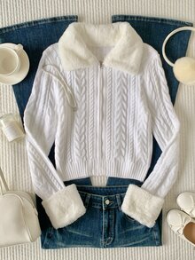 Comfortcana Women's Patchwork Fur Collar Long Sleeve Cable Knit Cardigan - Apricot - View 9