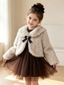 Elladie kids 女童外套，優雅時尚長袍，Y2K風格，長袖上衣，秋季新款，夾克婚禮秋季毛絨加厚款 - 卡其色 - 查看 1