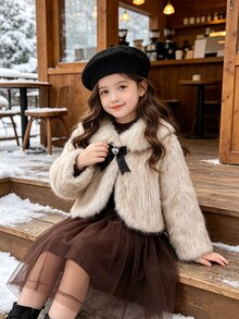 Elladie kids 女童外套，優雅時尚長袍，Y2K風格，長袖上衣，秋季新款，夾克婚禮秋季毛絨加厚款 - 卡其色 - 查看 3