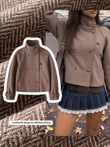 Comfortcana Women's Casual Double-Breasted Jacket, Autumn - Brown - View 5