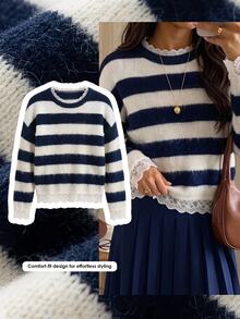 Comfortcana Women's Fashion Striped Colorblock Lace Patchwork Sweater - Multicolor - View 6
