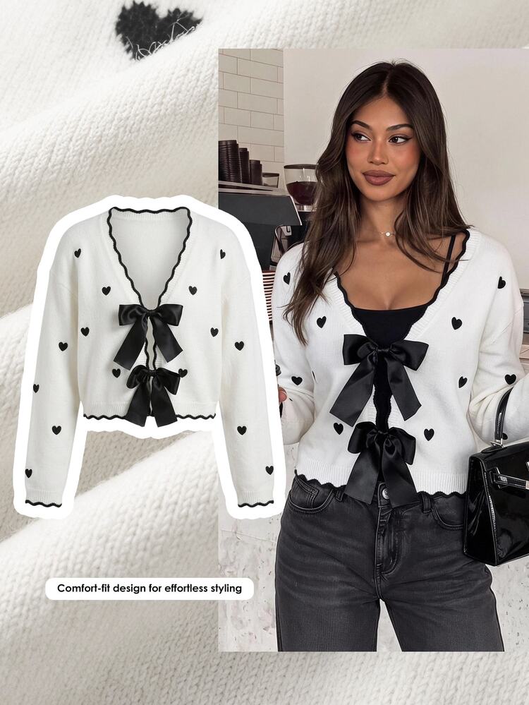 Comfortcana Winter Spring Valentine's Day Date Night Butterfly Heart Bow Front Open Wool Cardigan Ruffle Trim Short Sweater White - Black and White - View 7