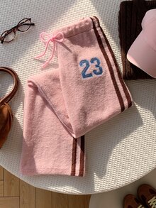Comfortcana Women's Digital Embroidery Drawstring Waist Casual Knit Long Pants School Everyday Chocolate Brown Light Pink Autumn - Pink - View 3