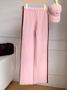 Comfortcana Women's Digital Embroidery Drawstring Waist Casual Knit Long Pants School Everyday Chocolate Brown Light Pink Autumn - Pink - View 2