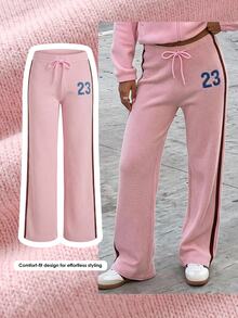 Comfortcana Women's Digital Embroidery Drawstring Waist Casual Knit Long Pants School Everyday Chocolate Brown Light Pink Autumn - Pink - View 8