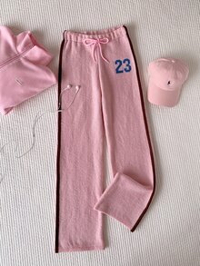 Comfortcana Women's Digital Embroidery Drawstring Waist Casual Knit Long Pants School Everyday Chocolate Brown Light Pink Autumn - Pink - View 5