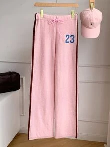 Comfortcana Women's Digital Embroidery Drawstring Waist Casual Knit Long Pants School Everyday Chocolate Brown Light Pink Autumn - Pink - View 6
