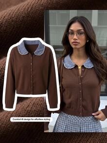 Comfortcana Pakaian Rajut Gaya Cottagecore untuk Liburan Musim Dingin, Cocok untuk Kencan di Kafe, Menampilkan Kontras Patchwork Kotak-kotak Biru dan - Coklat - View 8