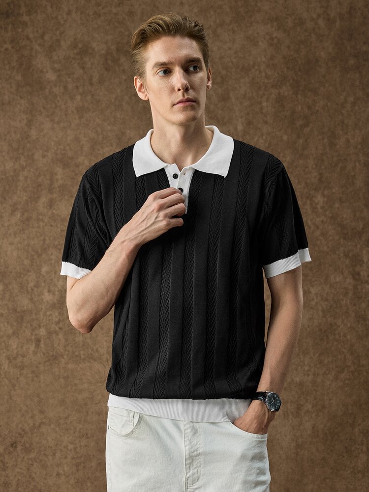 RONVEXI New European And American Style Blogger-Inspired Mature Casual Men's Pullover Knit Top, White Knit Top, Patchwork Brown Knit Top, Color-Blocked Polo Collar. - Black - View 4