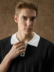 RONVEXI 新款歐美博主風成熟休閒男士套頭針織上衣，白色針織上衣，拼接棕色針織上衣，拼色 Polo 領 - 黑色 - 查看 7