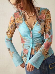Bohemela 休閒度假風針織網眼印花女款上衣 - 薄荷藍 - 查看 1