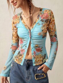 Bohemela 休閒度假風針織網眼印花女款上衣 - 薄荷藍 - 查看 3