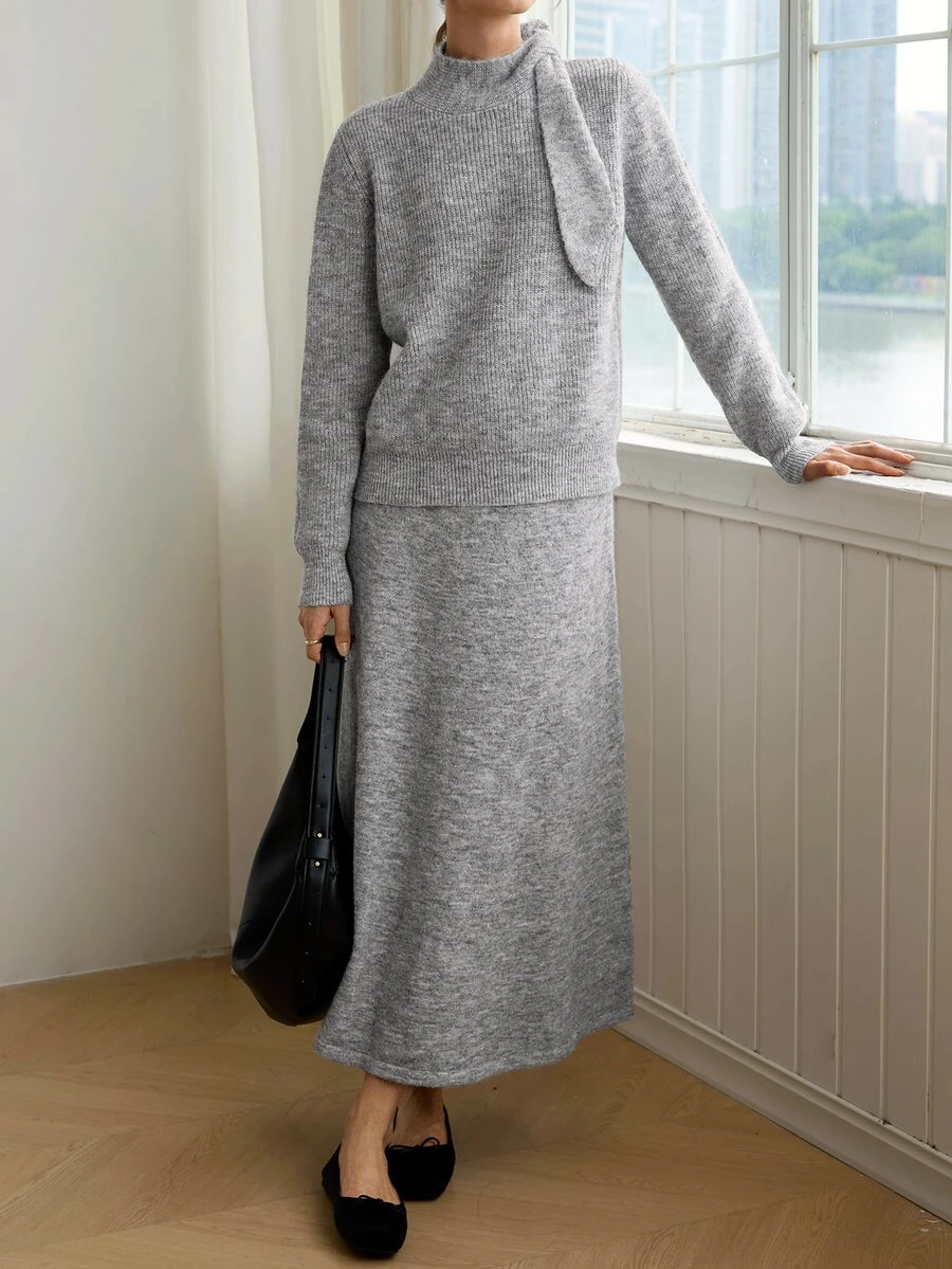 Dazy-Less Women's Solid Color Long Sleeve Top And Skirt Knit Two Pieces Set - Purple - View 1