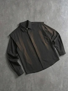 Manfinity Hypemode Men's Casual Classy Versatile Solid Color Long Sleeve Structural Edition Shirt,Cargo/ Work Office Black Summer - Black - View 2