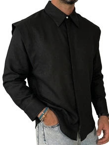 Manfinity Hypemode Men's Casual Classy Versatile Solid Color Long Sleeve Structural Edition Shirt,Cargo/ Work Office Black Summer - Black - View 7