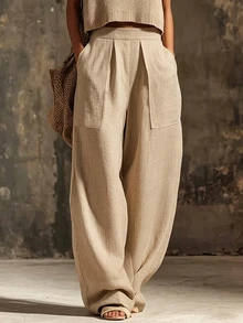 SHEIN Women's Apricot Casual Long Pants With Pockets For Spring And Autumn Dating - Apricot - View 5