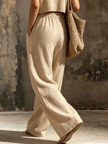 SHEIN Women's Apricot Casual Long Pants With Pockets For Spring And Autumn Dating - Apricot - View 3