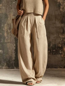SHEIN Women's Apricot Casual Long Pants With Pockets For Spring And Autumn Dating - Apricot - View 2