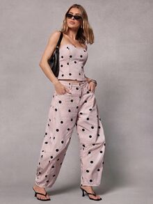 Hauture Women's Contrast Polka Dot Print Denim Top - Baby Pink - View 3