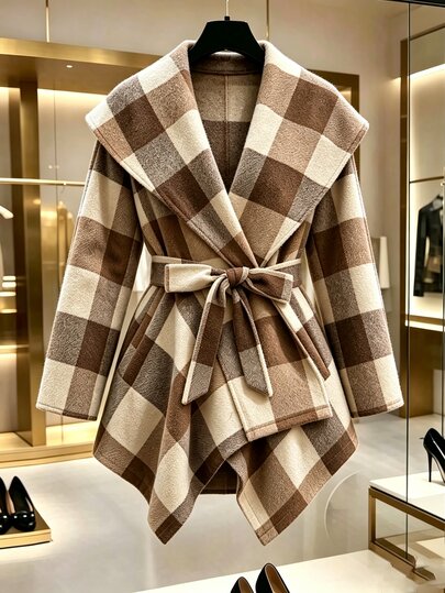 EMERY ROSE Women's Plus Size New Autumn/Winter Elegant Casual Shawl Collar Open Front Warm Color Plaid Long Sleeve Tie Waist Belt, Fashion Asymmetric Hem Overcoat, Suitable For Women's Autumn/Winter Outerwear, Women's Fashion Commute Elegant Outfit, Women's Office Wear, Women's Commute Outfit, Women's Holiday Wear Cold-Proof Coat