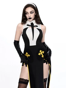 ROMWE Anime Women's Long Dress Cosplay Cross Black Yellow White Gothic Halloween Sexy Headpiece Set - Black - View 6
