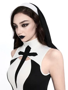 ROMWE Anime Women's Long Dress Cosplay Cross Black Yellow White Gothic Halloween Sexy Headpiece Set - Black - View 7