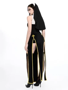 ROMWE Anime Women's Long Dress Cosplay Cross Black Yellow White Gothic Halloween Sexy Headpiece Set - Black - View 5