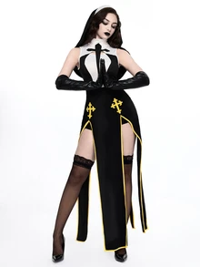 ROMWE Anime Women's Long Dress Cosplay Cross Black Yellow White Gothic Halloween Sexy Headpiece Set - Black - View 1